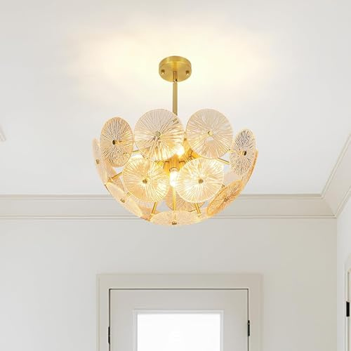 VTAMng Kronleuchter mit goldener Blume Kristall Deckenleuchte moderne Pendelleuchten halbbündige Vintage Deckenlampe Wohnzimmer Esszimmer Schlafzimmer Eingangsbereich Foyer Inneneinrichtung