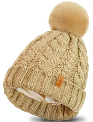 Donfri Cappelli Beanie per Donna Foderati in Raso Beanie Invernale Lavorato a Maglia per Signore Cappello Caldo con Pompon, cachi, Taglia unica