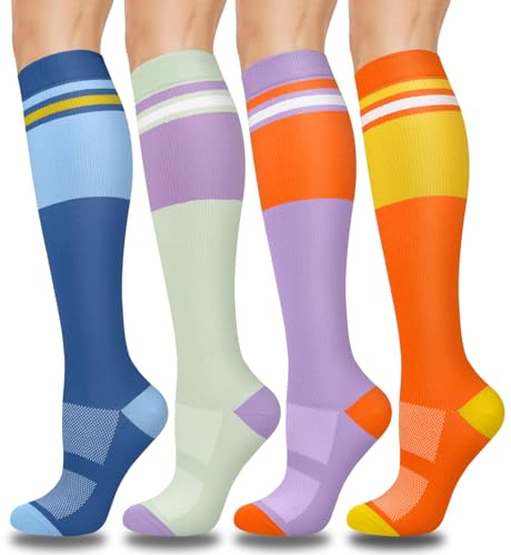ACTINPUT Kompressionsstrümpfe Damen und Herren 4 Paar, Bunte Stützstrümpfe Kompressionssocken Ohne Baumwolle Medizinische Kompressionsstrümpfe klasse 1 Kniestrümpfe laufsocken（4107 - Orange，S-M）