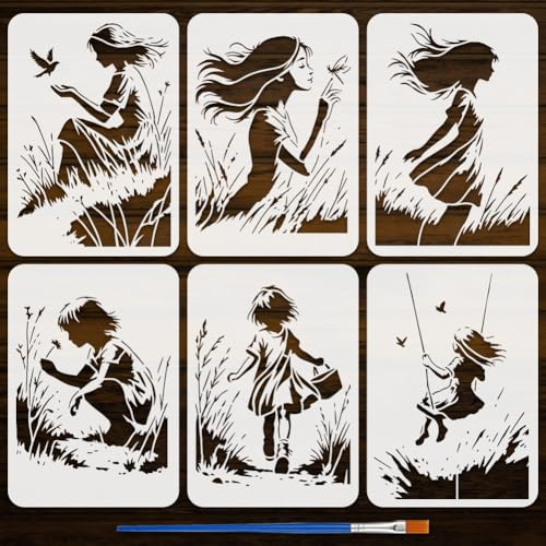 FINGERINSPIRE 6 Stück Graffiti Mädchen Schablone Mit Kunststoffpinsel 21x29.7cm Wiederverwendbare Malschablone Mit Mädchen Und Naturmotiv Graffiti Themenvorlage Zum Zeichnen DIY Möbel Wand Dekoration