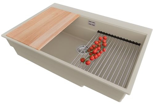 PRIMAGRAN Evier Cuisine en Granit au Meuble 80cm + Kit de Vidage, 78x53cm | Set: Kit de Vidage (Siphon, bonde d’évacuation, trop-plein) + Lavabo 1 Bac - Oslo, Beige