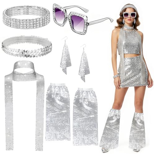 Kazunark 8 Stück 70er 80er Jahre Outfit Damen，Glitzer Accessoires，Disco Accessoires Kostüm mit Beinstulpen, Ohrringen, Halskette, Armband, Schal, Sonnenbrille für Fasching Party Karneval