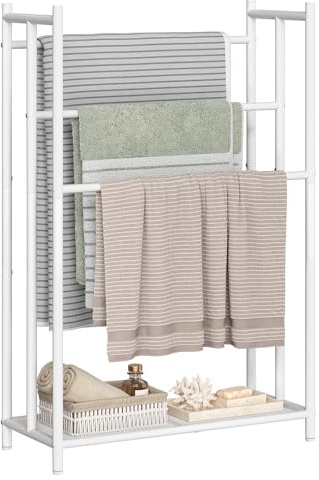 HOOBRO Toallero de Baño, Toallero en Escalera de 3 Niveles, Patas Ajustables y Estante de Malla, Estantería Multiusos, para Baño, Dormitorio y Sala, Blanco EWT09LB01