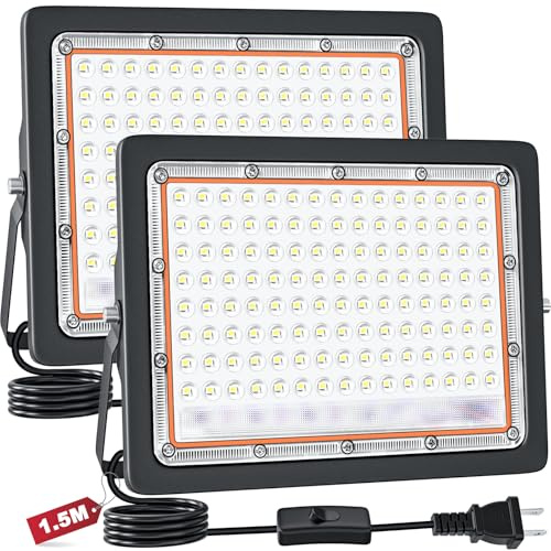 Eleganted 100W LED Flood Light Outdoor, 20000LM Super Bright Security Light with US Plug＆Switch, IP66 Waterproof 6500K Daylight White Floodlight, LED Work Light for Garage, Yard, Garden, Lawn -2 Pack