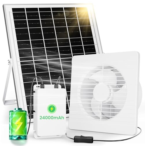 LGMCF Solar Ventilator, 24000mAh Akku, 25W Solarpanel, Rückflussverhinderer | Tag & Nachtarbeit, Wasserdichter, Solarpanel Ventilator für Schuppen, Hühnerstall, Gewächshaus, Haustierhaus, Fensterauspuff