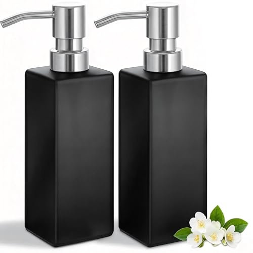 Mailain Seifenspender Schwarz aus Glas, 350ML Spülmittelspender für Küche, Pumpspender, Soap Dispenser, Handseifenspender für Badezimmer (Matt Schwarz, 2 Stück)