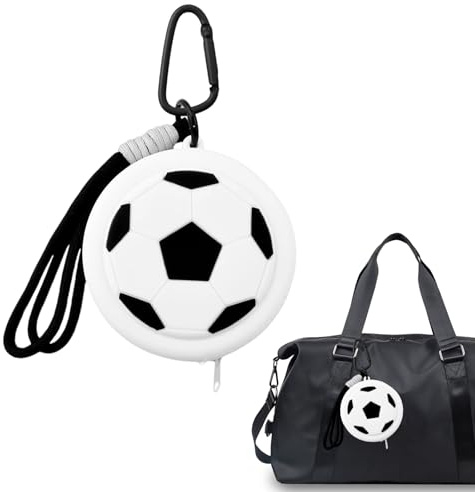 1 Cartera de fútbol de PVC, monedero con llave, ideal para niños y adolescentes, para monedas, auriculares y objetos pequeños, blanco y negro.