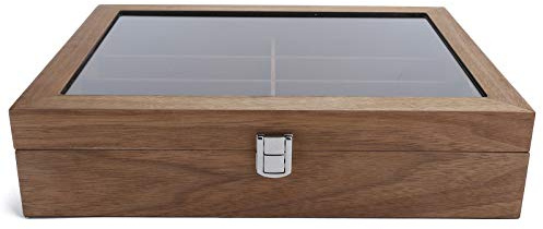 Caja de madera con 8 compartimentos para guardar gafas, vitrina para gafas de sol con tapa de vidrio, organizador de joyas de madera maciza para el hogar y para viajar, soporte