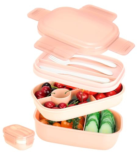VINATO Lunch Box 1900ml, Porta Pranzo Ufficio per Adulti con 3 Scomparti e Posate, Lunch Box Microonde per Ufficio, Scuola e Viaggi, Senza BPA (Rosa)
