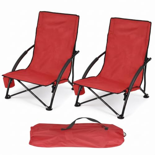 HomlyPro Low Folding Beach Chair, Pack of 2 - Portable Lightweight Camping Chair with Padded Armrest and Cup Holder, Convenient Carry Bag & High Mesh Backrest, Ideal for Picnic and Fishing (Red)