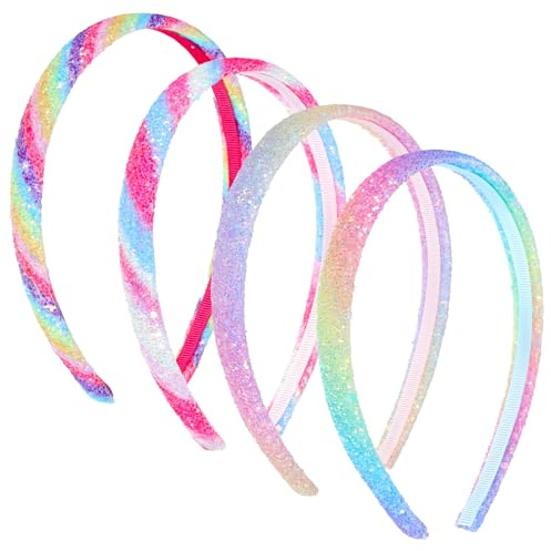 RAHHLIZS 4PCS Glitter Headbands for Girls, Glitter Rainbow Headband Sparkly | 0.7 Wide Non Slip Rainbow Hairbands for Girls Women, Colorful Hair Accessories for Birthday Party Favors Back to School