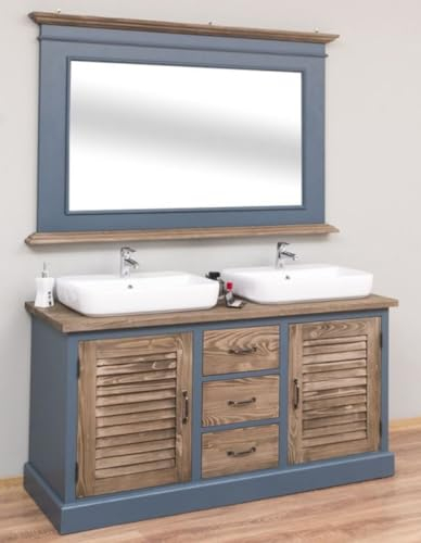 Casa Padrino Landhausstil Badezimmer Set Blau/Braun - 1 Doppelwaschtisch & 1 Wandspiegel - Landhausstil Badezimmer Möbel