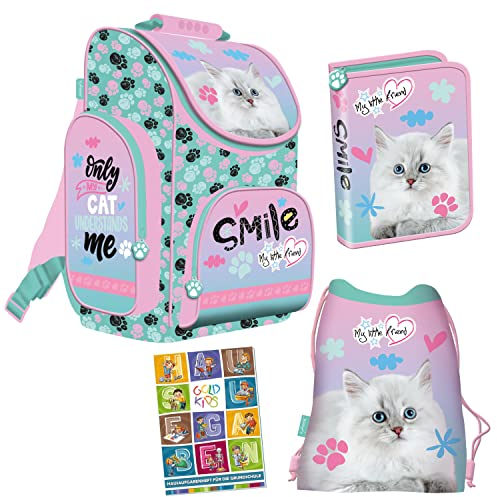 Goldkids My Little Friend Schulranzen Set Ranzen Federmappe Turnbeutel Aufgabenheft Pastel Cat Katze 4-teilig