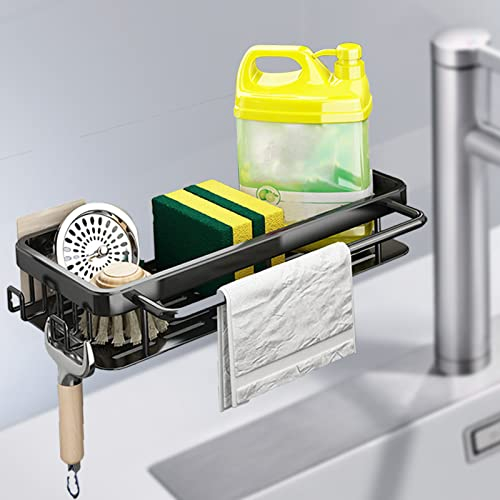 Spülbecken Organizer Edelstahl Spülbecken Caddy Organizer, Waschbecken Organizer Küche Schwammhalter Organizer Korb Hängend Wand Dule-use Küchenutensilienhalter für Küche Badezimmere (Schwarz +Haken)