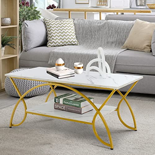 GOPLUS Table Basse Marbre Faux, Table Basse Salon Réglable en Métal et avec Rangement, Chambre, Bureau, Charge 70 KG, 100x50x45CM(Blanc+Doré)