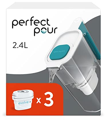 Aqua Optima Perfect Pour Water Filter Jug & 3 Evolve+ Filter Cartridge, 2.4L, Blue - Fridge & Dishwasher Friendly - Reduces Limescale, Chlorine and Other Impurities - By Laica (Packaging May Vary)