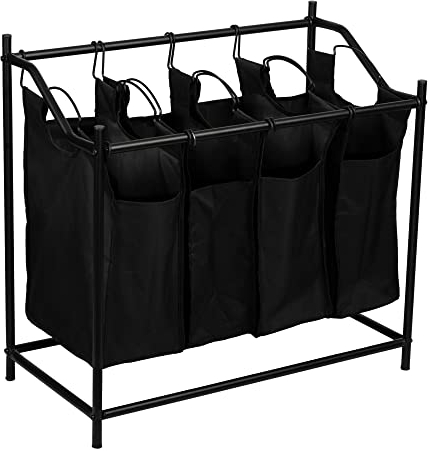 [en.casa] Colectores de la Ropa 4 Bolsas Extraíbles Sucia Clasificador de Lavandería Útil Cesto de Colada Metal/Poliéster 75 x 78 x 40 cm Negro
