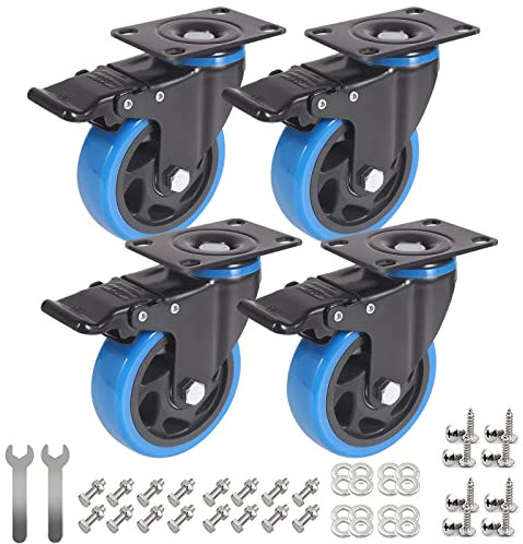 IQWTU 100MM Furniture Castors Heavy Duty Castor Wheels with Brakes, Double Bearing PU Trolley Wheels Rubber Swivel Casters, 4 Industrial Plate Casters Capacity 600KG