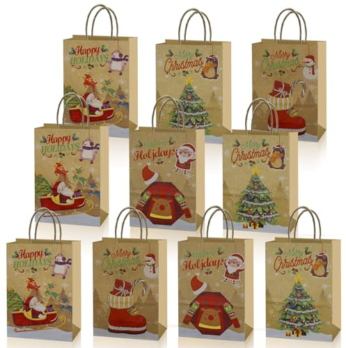 GOTFUN 10 Stück Weihnachten Papiertüten Geschenktüten WeihnachtstüTen mit Griff Weihnachtstaschen Aus Kraftpapie für Weihnachten Geschenkverpackung Plätzchentüten Partybedarf