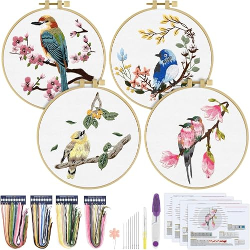 Broderi kit för nybörjare, ERKOON 4 uppsättningar fågelblomma korsstygnskit för vuxna utsmyckning startpaket med mönster och instruktioner, stygnkläder, bambuöglor, trådar och nålar (vit)
