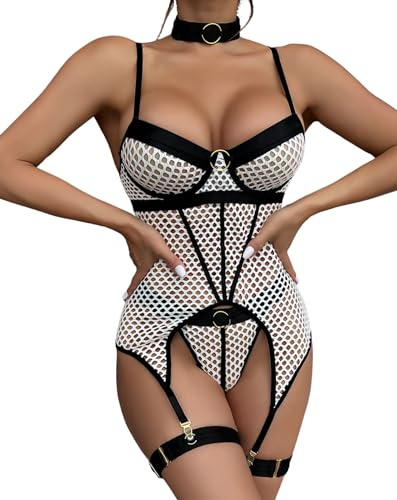 EVELIFE Underklädesset för kvinnor sexig nätbody med strumpeband lår hals underkläder underkläder babydoll utan strumpor, Vitt och blått, M