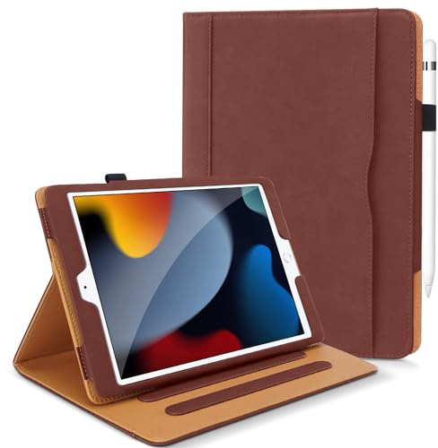 DAORANGE Coque pour iPad 9ème/ 8ème/ 7ème Génération 10.2 Pouces 2021/2020/ 2019, Étui Protecteur en Cuir PU avec Veille/Réveil Automatique, Étui avec Multi-Angle, Porte-Documents (Marron) | Étui folio en cuir vegan avec porte-crayon, mise en veille/réveil automatique et angles multiples pour iPad 9/8/7