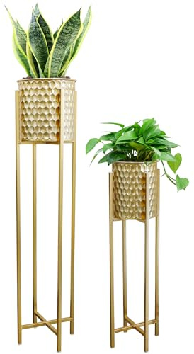TRIROCKS Set mit 2 Goldenem Modernen Pflanzgefäßen Metall mit Ständer für Pflanzen 104/74 cm Hoch Blumentöpfe für Innen Außenbereich Wohnzimmer Ecke Küche Büro Garten Balkon Terrassendekoration