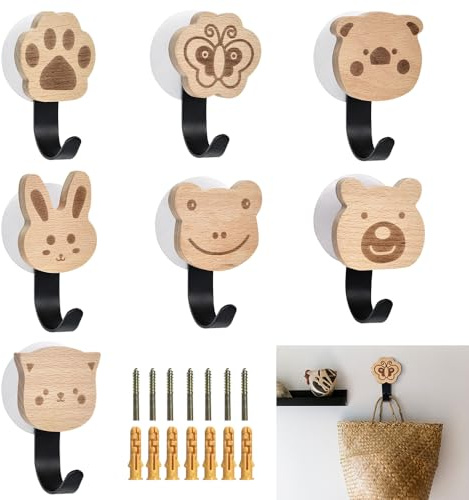 DKEROSS 7er Set Wand Kleiderhaken Holz für Kinder Kinderzimmer Holz Kleider Wandhaken Selbstklebend Holz Garderobenhaken in Tiere Form Möbelknöpfe Holzgriffe für Mantel Handtuch Taschen Hüte