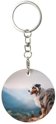 EgoMed Runder Metall-Schlüsselanhänger, Metall-Schlüsselanhänger, Autoschlüsselanhänger, Ringhalter, 1 Stück, Australian Shepherd Berge Aussie Haustiere Hunde