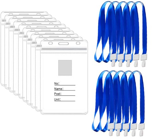 SJJJS 10 Set Ausweishalter mit Umhängeband, transparent, Kunststoff, vertikal, Schnur aus Kunststoff, transparent, für Schule, Büro und Ausstellung