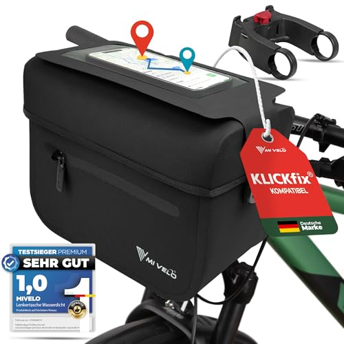 MIVELO Lenkertasche Fahrrad für KLICKfix inkl. Adapter - 100% wasserdicht - Fahrradtasche Lenker - abnehmbares Handyfach - Lenkertasche - Tasche Lenker - E-Bike tauglich (Schwarz mit Adapter)