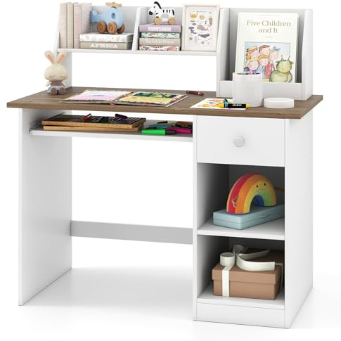 GYMAX Wooden Kids Desk, Children Study Table with Drawer, Tabletop Bookshelf, Keyboard Tray, Shelves & Hutch, White Computer Desk Student Writing Table for Home School Use (White+Natural)