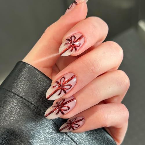 MouyouGlow Press on Nails Mittel,Almond Rot Bow Schleife Crystal Weihnachten Neujahr Christmas XMAS Fake Nails Kunstnägel mit Nagelkleber,Red Silvester New Year Künstliche Fingernägel