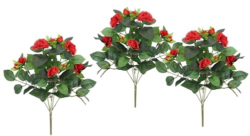 Flair Flower Künstlicher Rosenbusch 34cm 3er Set Kunstrose Seidenrose Kunstblume Blume Strauß Bouquet Rosen Rosenbouquet Wildrose Blumenstrauß Busch Blumendeko Hochzeitsdeko, Rot