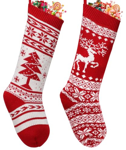 DOINEUFL Christmas Stockings Set of 2, 18 Large Knitted Christmas Stockings, Personalised Knitted Xmas Stockings for Fireplace and Tree Decorations