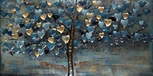 Handgefertigtes Metallbild Herzbaum blau ca. 137x67 cm Kunst Bild 3D-Optik Wandbild