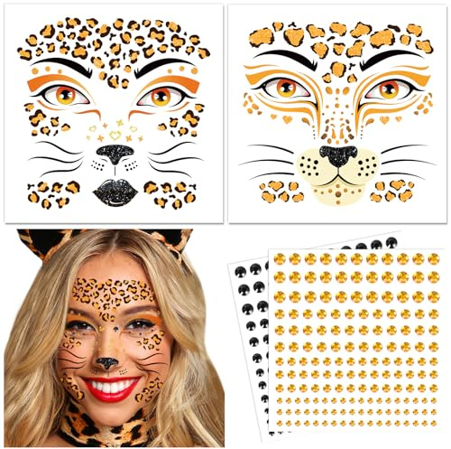 DPKOW Leopard Gesichtstattoos Karneval Kostüm Damen Leoparden Tattoo Gesicht Halloween Leopard Temporäre Tattoos Glitzersteine Gesicht Schminke Leoparden Cosplay Faschingskostüme Karneval Accessoires