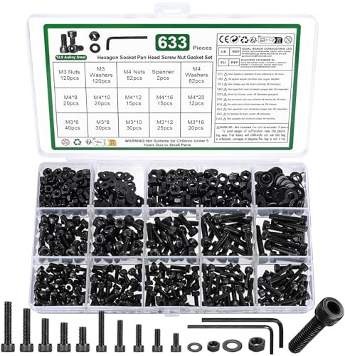 633 Pz Set di Viti M3 M4, Viti Bulloni e Dadi Kit, Bulloni Viti a Testa Cilindrica con Esagono Incassato e Dadi e Rondelle Set, Viti Bulloni a Testa Esagonale e Dadi, DIN912 Viti a Brugola(Nero)