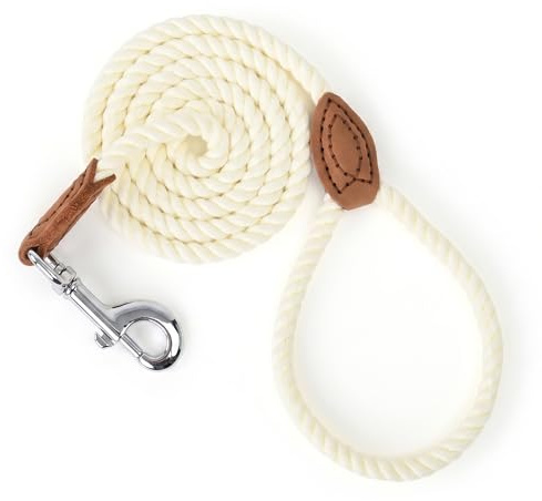 Mile High Life Laisse pour chien en corde de coton tressée avec pointe en cuir, fermoir métallique robuste, 1,8 m, épaisseur 1,2 cm, pour mariages, promenades pour chiens de