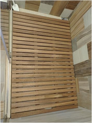 Caillebotis de Douche en Bois de Teck, Tapis de sol de douche robuste de 21, 24, 27, 30, 32, 36 pouces en teck naturel, tapis de bain en bois imperméable avec tapis de pied antidérapants, porte d'ent