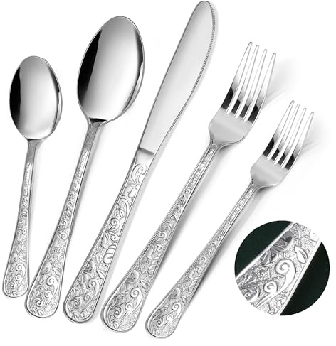 HENSENMEN Silverware Set, 30 Pieces Vintage Carved Flatware Set for 6, Stainless Steel Cutlery Set with Knife/Fork/Spoon,Utensil Set for Home and Kitchen, Dishwasher Safe