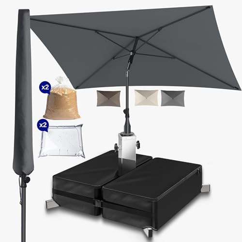 Menz Sonnenschirm rechteckig 200 x 125 cm + Sonnenschirmständer + Schirmhülle - Sonnenschutz Balkon 3er-Set in Anthrazit, Sonnenschirm Balkon mit Ständer, Balkonschirm knickbar höhenverstellbar