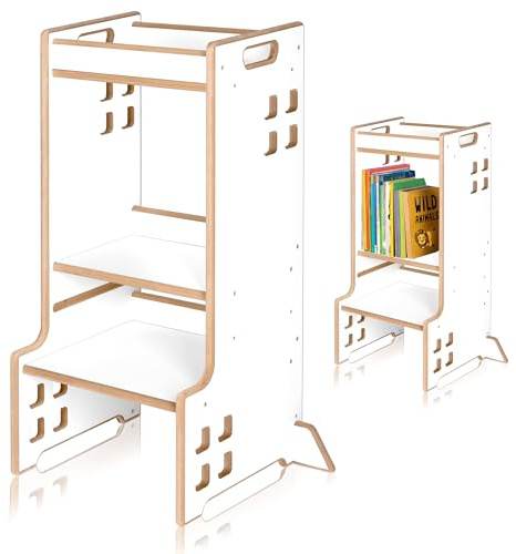 LIONELO CASS Ayudante de Cocina 2 en 1 Torre de Aprendizaje Montessori Desde 1 Año Barra de Seguridad Ajustable en Altura Robusto Taburete de Cocina Estantería Librería hasta 30 kg