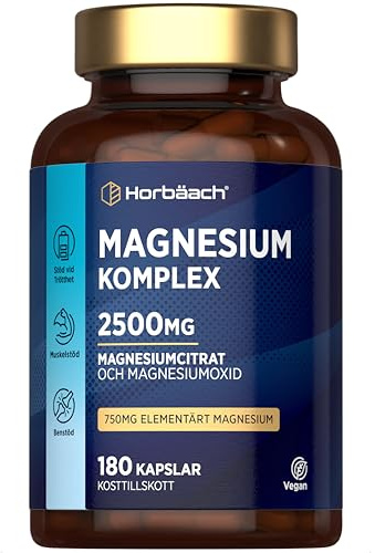 Magnesiumcitratkomplex 2500mg | med 750mg Elementärt Magnesium | Citrat och Oxid | Hög Styrka | 180 Veganska Kapslar | av Horbaach