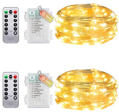 2er Pack Lichterkette Draht Mit Timer Und Fernbedienung, Kleine Lichterkette Innen Mit Batterie, 5M 50LEDs IP65 Wasserdicht Ohne Batterien Für Schlafzimmer Hochzeit Weihnachten Party Dekoration