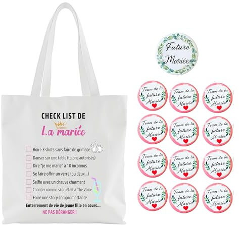 MKISHINE 14 Kit EVJF Tote Bag furure Mariée avec check list de la Mariée – 1 Badge Mariée + 12 Badges Team Bride – Accessoires Enterrement de Vie de Jeune Fille, Idée Cadeau et Jeu EVJF