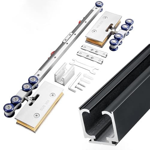 Schiebetür Komplettset Aluminiumschiene mit Sanftem Schließmechanismus und Beschlägen, Schiebetür-Beschlagsatz, Schiebetürschiene aus Glas für Schranktüren Als Raumteiler/ Dekoration(Black,196cm/77in)