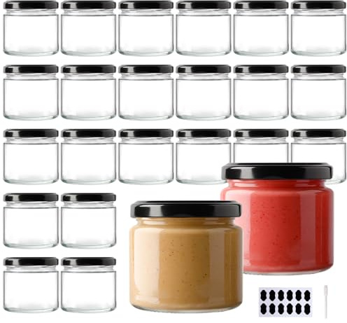 YBCPACK 24 Pack 150ml Glass Jam Jars with Airtight Lids, 5 oz Mini Jars with 1 Pen and 24 Stickers, Clear Small Storage Jars for Jam, Jelly, Honey, Spices, Chutney