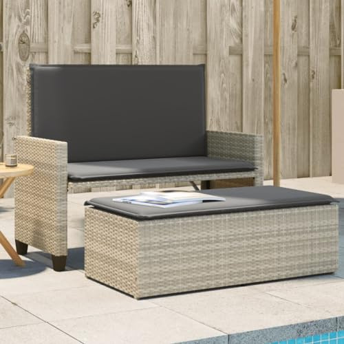 QJBSAVVA 2 in 1 Gartenbank mit Hocker und Kissen Hellgrau PE Rattan 122 x 55 x 97 cm Umklappbare Rückenlehne Wetterfest für Balkon Garten und Terrasse