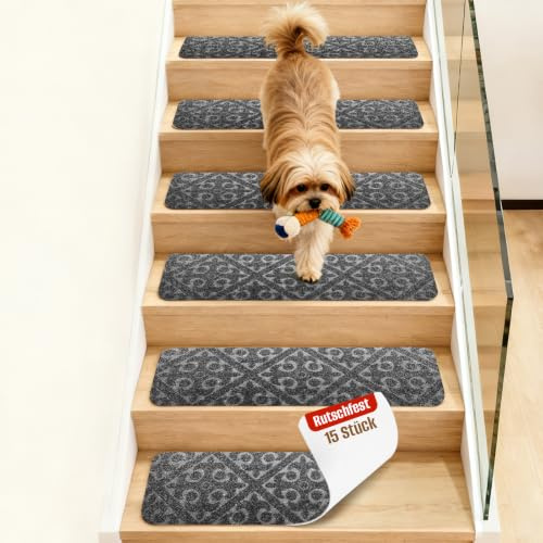 Stufenmatten Selbstklebend, Anti-Rutsch Treppen Teppich, 15 Stück Treppenstufen Matten, 76x20 cm Treppenschutzmatten für Innen, Ideal für Kinder, Senioren und Haustiere（Quadratische Blume-Dunkelgrau）